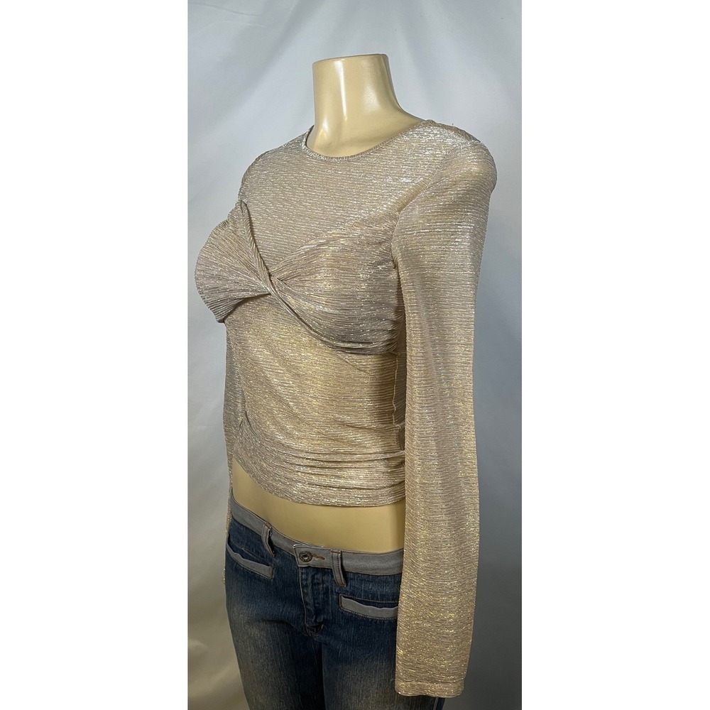 Anthropologie Metallic Twisted Bust Long Sleeve Sheer Top Metallic Gold Sr XXS - Picture 3 of 12